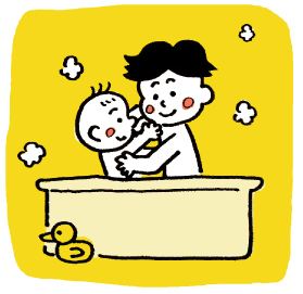 赤ちゃんをお風呂に入れるパパのイラスト